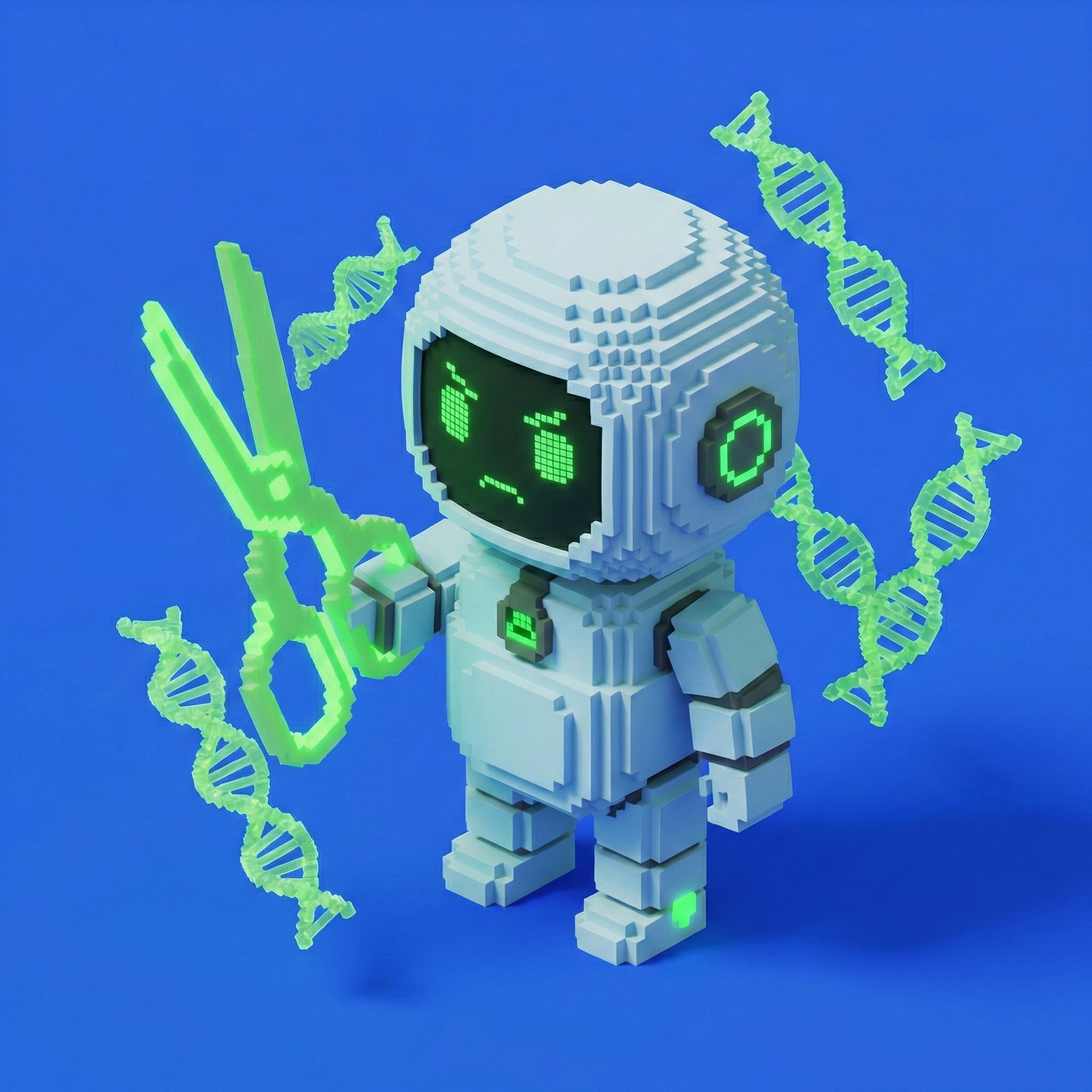 SPECIMEN_01 - CRISPR Operator robot mascot with DNA helixes and scissors